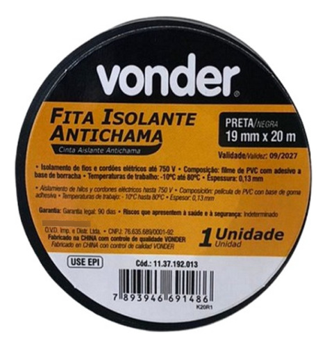 Fita Isolante Antichama 20m X 19mm Preta Vonder