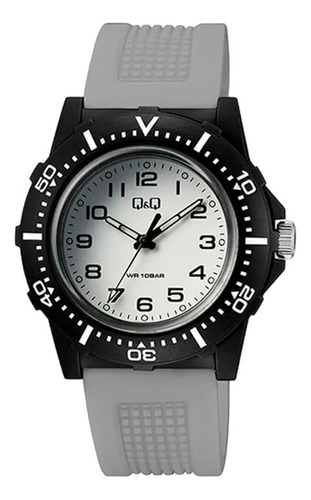 Reloj Q&q Analogo Correa Pvc Gris Y Esfera Blanca V32a004vy Bisel Negro Fondo Blanco