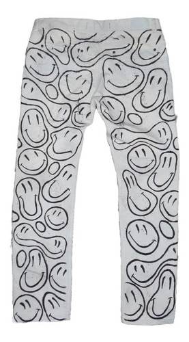 Imagen 5 de 8 de Pantalon Jean Happy Face Grunge Pintado A Mano Caustico T48
