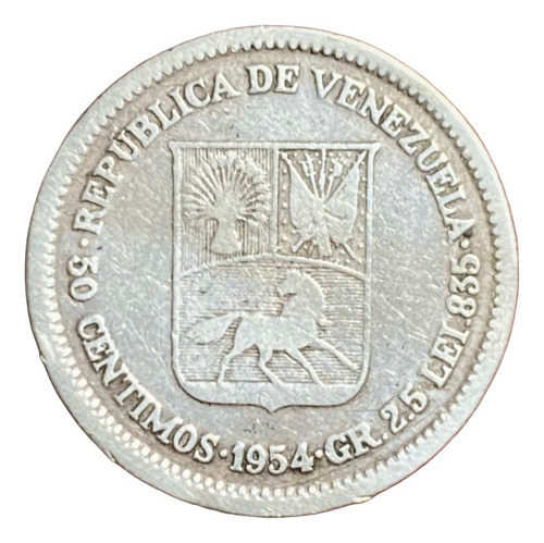 Moneda 50 Céntimos Venezuela 1954 Plata 835 Km Y36 