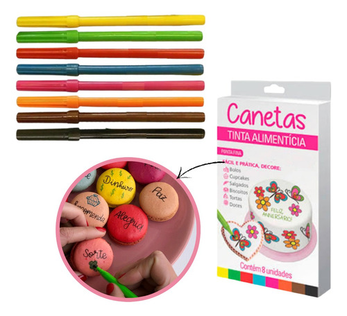 8 Canetas Tinta Comestível Recarregável Colorida Ponta Fina