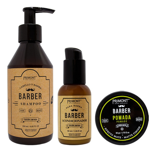 Kit Primont Barber Shampoo + Pomada Mate Pelo+ Balsamo Local