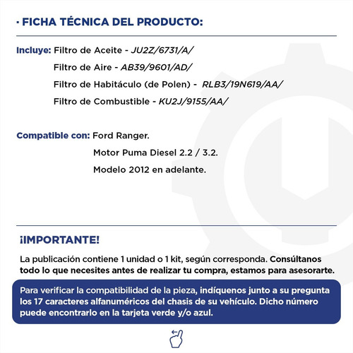 Imagen 2 de 9 de Kit 4 Filtros Completo Ford Ranger Diesel Puma 2.2 3.2