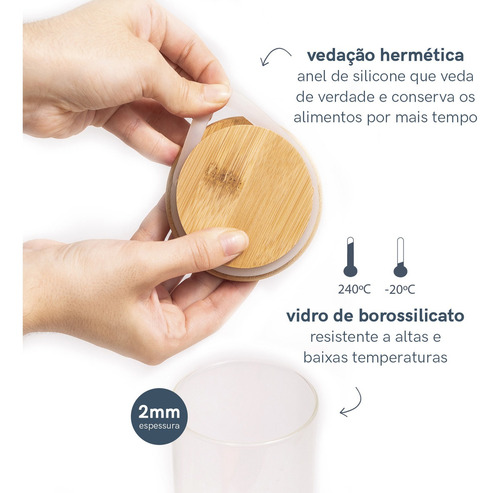 Kit 4 Potes De Vidro Hermético C/ Tampa De Bambu 200ml