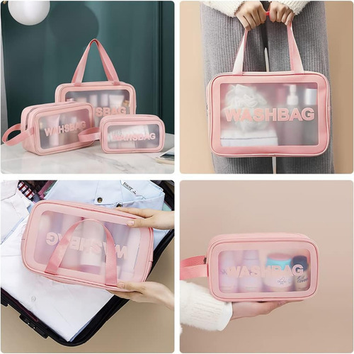 Neceser Mujer Portacosmeticos Washbag Carmela Set De 3 Piezas Originales De Pvc Rosa Amplios Para Llevar Maquillaje Cosméticos Artículos De Baño Impermeables Y Resistentes. Ideal Para Viajes