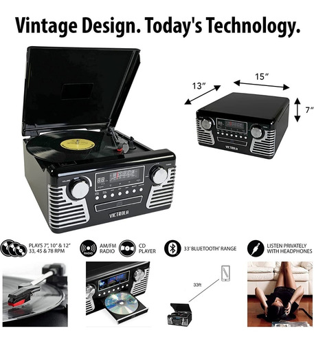 Tocadiscos Victrola 50's Retro Bluetooth Cd Player Altavoces