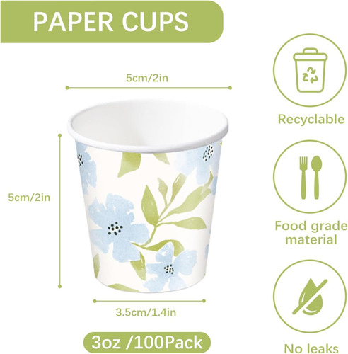 Vasos De Papel Azules Con Diseño De Flores, 2 Oz, 100 Unidad