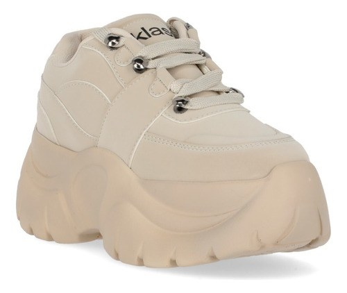 Tenis Dama Plataforma 6.5cm Beige Monocolor Cintas 330-62