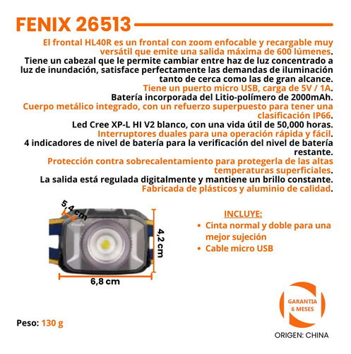 Linterna De Cabeza Fenix Hl40r 600 Lumens Vincha Minera Usb