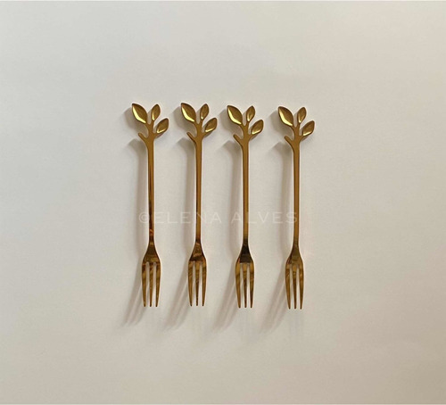 Mini Tenedor Hojas Gold Postre Set X 4 Acero Dorado