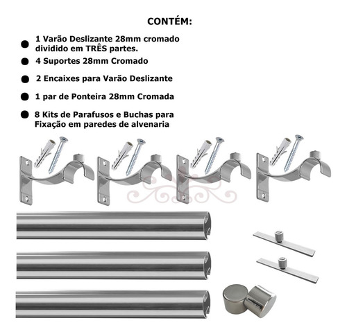 Kit Varão Deslizante Wave 28mm 4,50 Metros Alumínio Cor Cromado