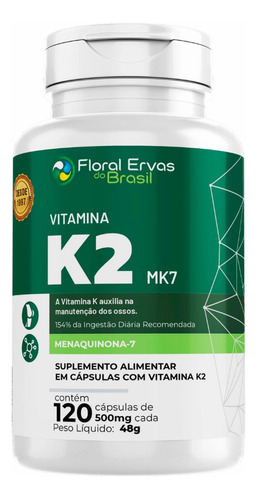Vitamina K2 Mk7 - 120 Capsulas Cada / 60 Doses - Sabor Sem Sabor