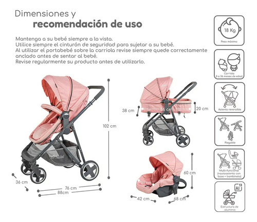 Carriola D Bebe Travel System Prince Con Autoasiento Color Negro Chasis Rosa