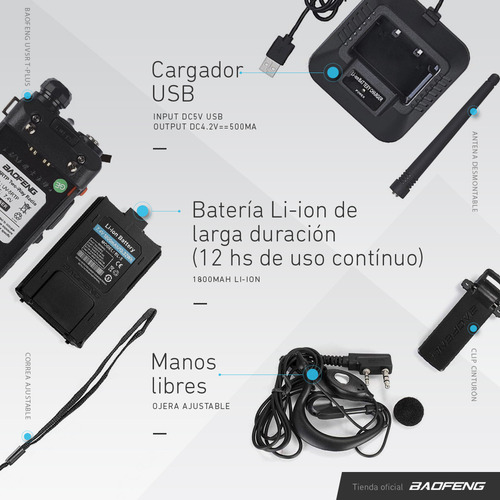 Handy Baofeng Uv5r 8w Bibanda Radio Walkie Talkie Vhf Uhf Auricular Manos Libres Color Negro Tipo De Frecuencia Uhf/vhf