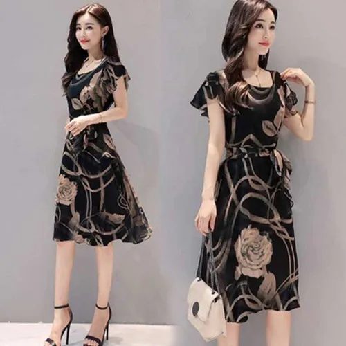 . Vestido Elegante Estampado De Gasa Sin Mangas Con Volantes