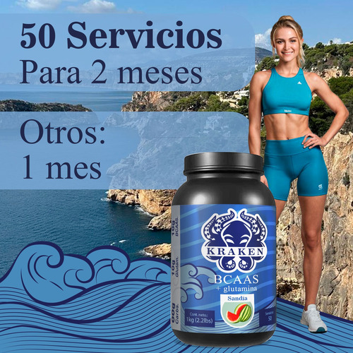 Aminoácidos Bcaas + Glutamina Kraken 1kg 100 Servicios Sandía