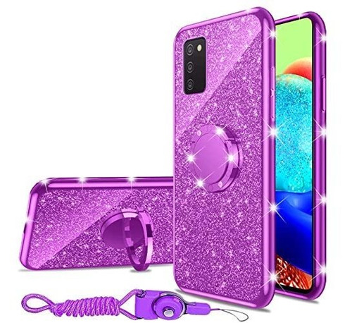 Funda Para Galaxy A03 S Luxury Glitter Ring Y Correa Purpura