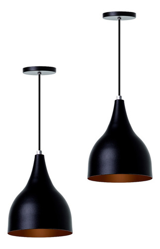 Kit 2 Lustre Pendente Interno Balcão Gota Estrutura Preto com Cobre