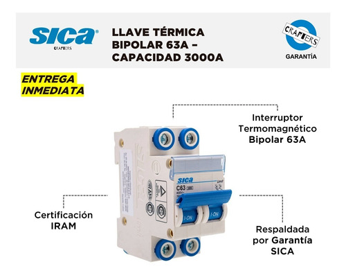 Imagen 2 de 6 de Llave Térmica Sica - Bipolar 63a - Capacidad 3000a - Iram