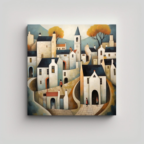 70x70cm Cuadro Aldea Antigua Castillo Iglesia Bastidor Mader