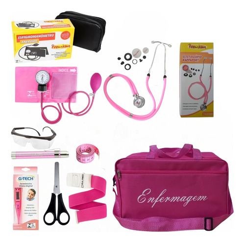 Kit De Enfermagem Rosa Premium Com Aparelho De Pressão