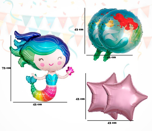Kit 5pz Globos Metalico La Sirenita Princesa Ariel Cumpleaño
