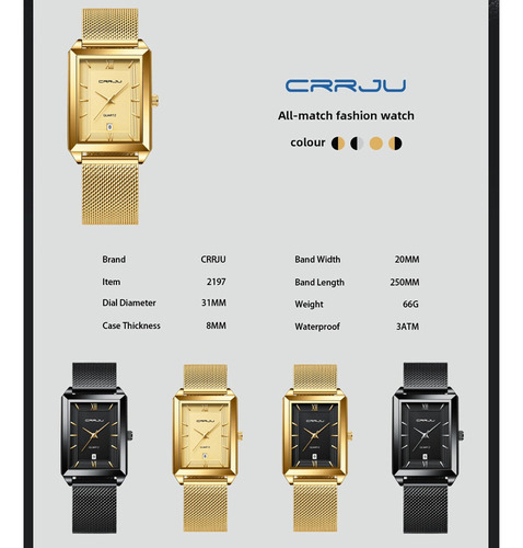 Relojes De Cuarzo Crrju Business Square Color Del Fondo Gold/black