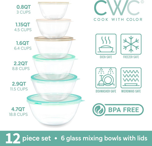 Juego De 12 Cuencos De Vidrio Borosilicato Con Tapas, Menta