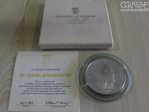 Gran Moneda Plata Proof 20 Balboas 1972 Panamá Estuche Cert