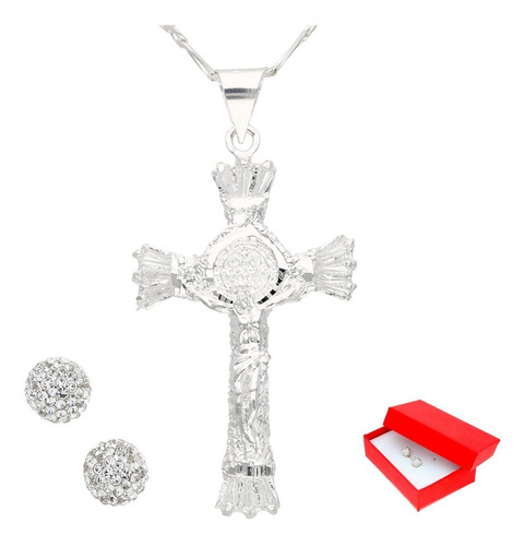 Cruz De San Benito De Plata Con Circonia Y Cadena + Color Plateado