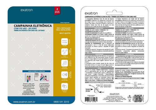Campainha Eletrônica Touch C/fio Bivolt 28 Toques 4x2 Branca