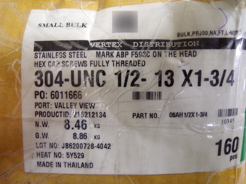 10pk Hex Cap Screws, Fully Threaded 1/2-13x1-3/4, 304-un Ddc