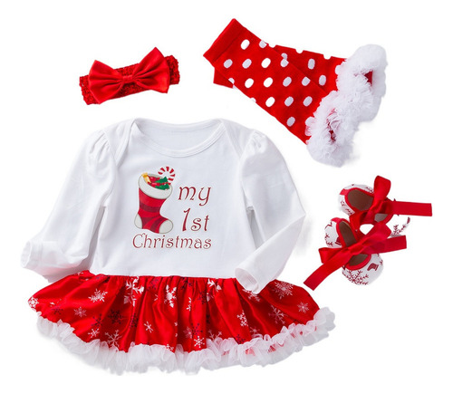 Vestido Navideño Con Accesorios Y Diadema Para Niña, 4 Pzs.
