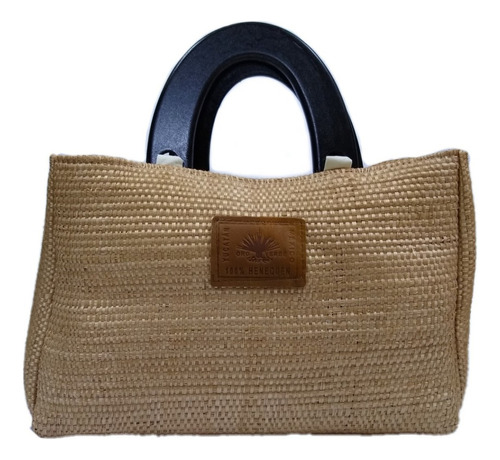 Bolsa Grande Tela Henequén Yucatán Asa De Madera Color Marrón Claro