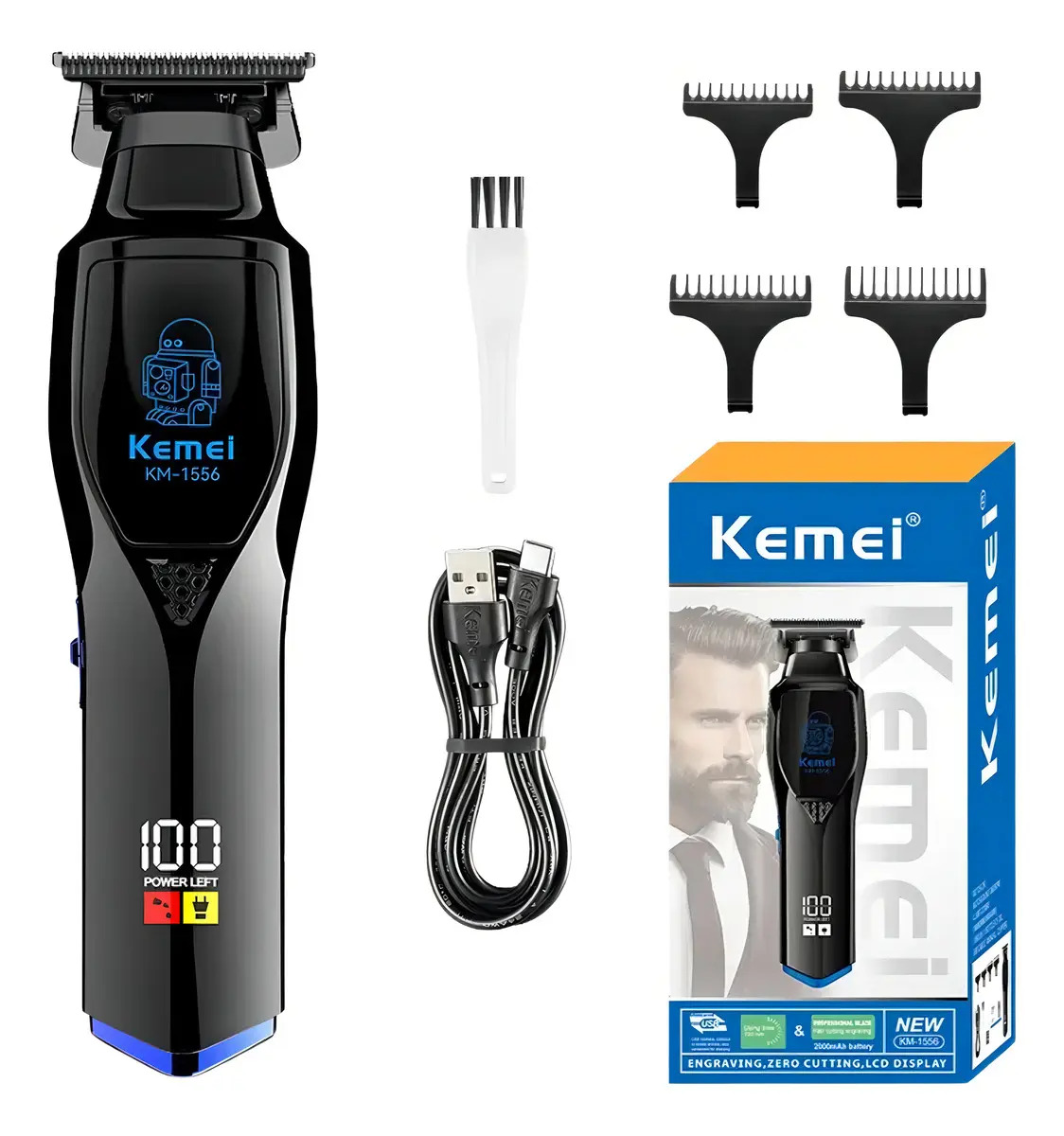 Maquina Cortar Cabelo Acabamento Barbeador Profissional Lcd Cor Preto