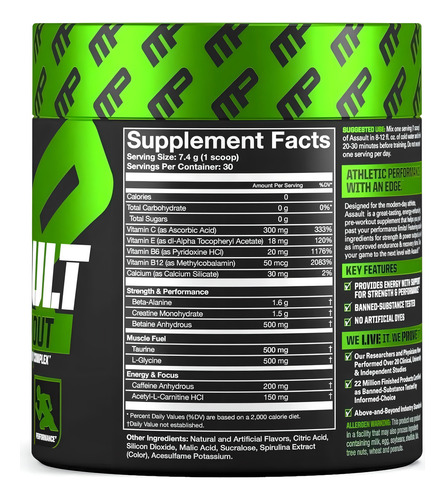 Musclepharm Pre-workout Assault C/ Creatina Y Beta A /30 Srv Sabor Blue Raspberry