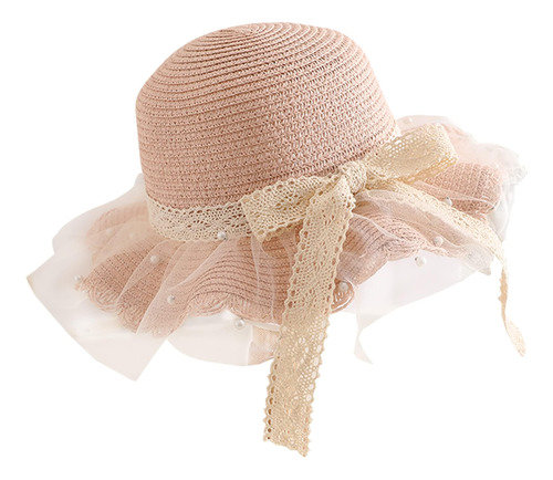 Sombrero De Paja Para Niñas Pequeñas, Lazo De Encaje Y Perla