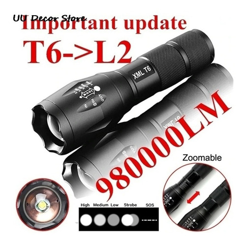 Linterna Led Táctica Militar T6, 980000lm, Con Zoom, 5 Modos