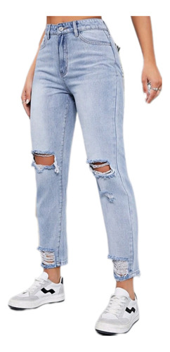 Jeans Shein Azul Claro Talle Alto Desgarro Con Abertura 