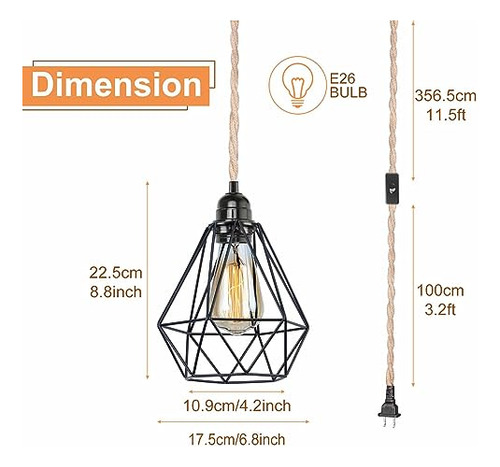 Lmpara Colgante 15ft Hemp Rope Metal Cage Con Interruptor Y