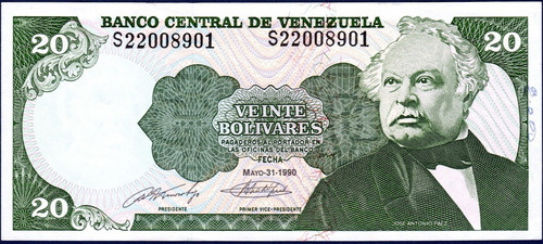 Billete De 20 Bolívares S8 Mayo 31 1990 José Antonio Páez