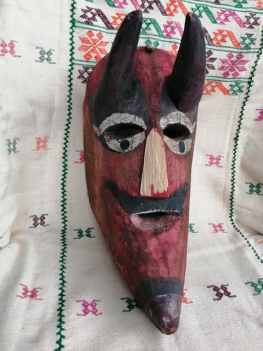 Mascara Antigua De Diablo, Rojo, Decoración Y Colección