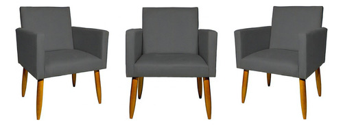 Kit 3 Poltronas Cadeiras Para Escritório Pé Palito Castanho Cor Cinza Desenho do tecido Suede
