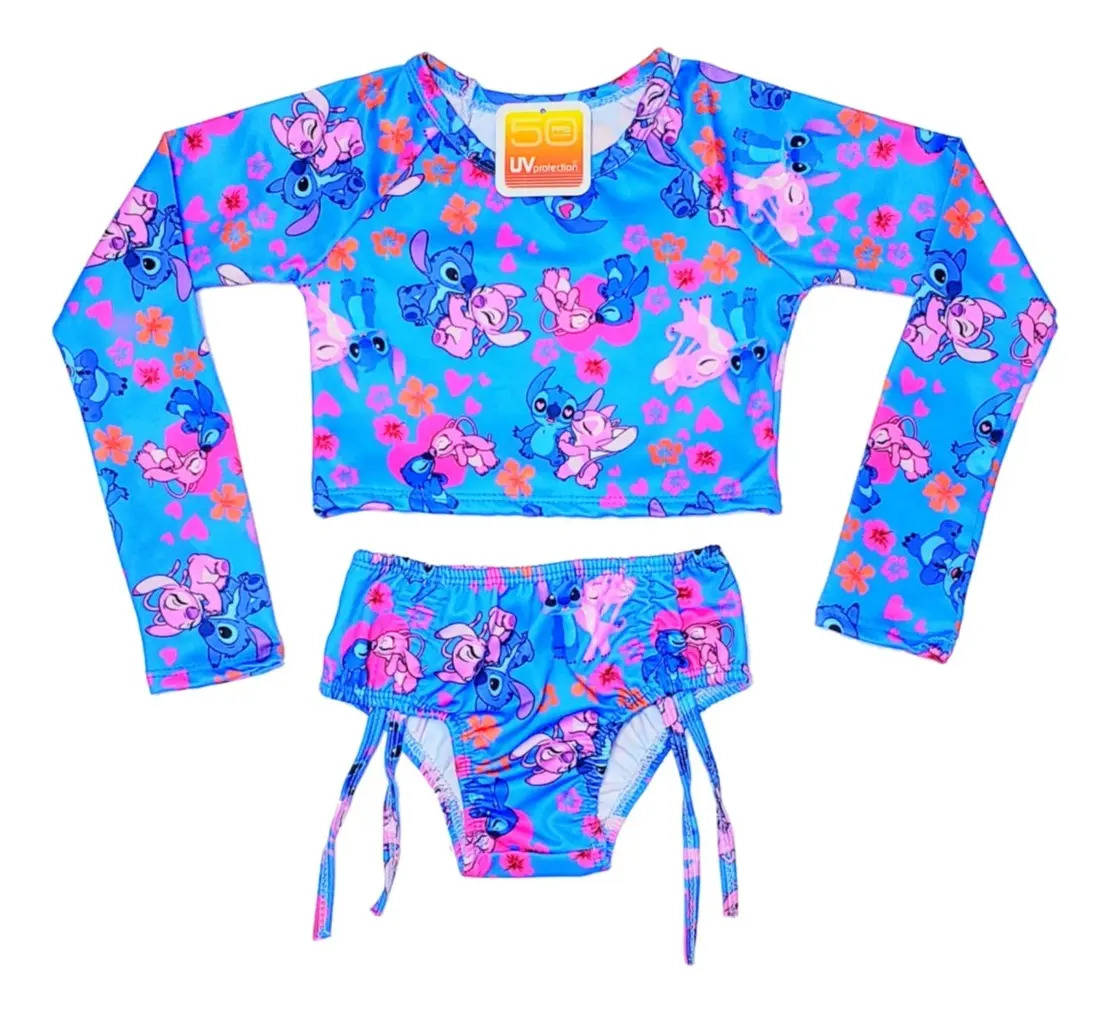 Biquíni Manga Infantil Proteção Solar Uv Cropped Menina Cor Azul-celeste Tamanho 2