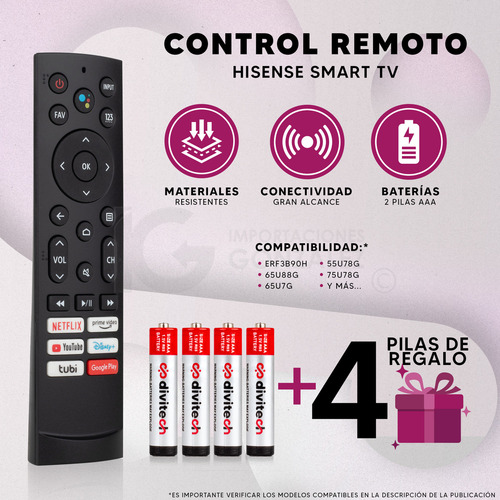 Control Remoto Compatible Con Pantallas Hisense Android Tv Erf3b90h + 4 Pilas AAA