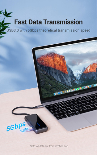 Hub USB Multipuerto Vention - 5 en 1 - Usb C + 4 Puertos Usb 3.0 + Power delivery USB C 87W - 5Gbps - OTG - Carcasa Aluminio - 15 CM - Premium Para Teclado / Disco rigido / Mac / Laptop - TFDHB