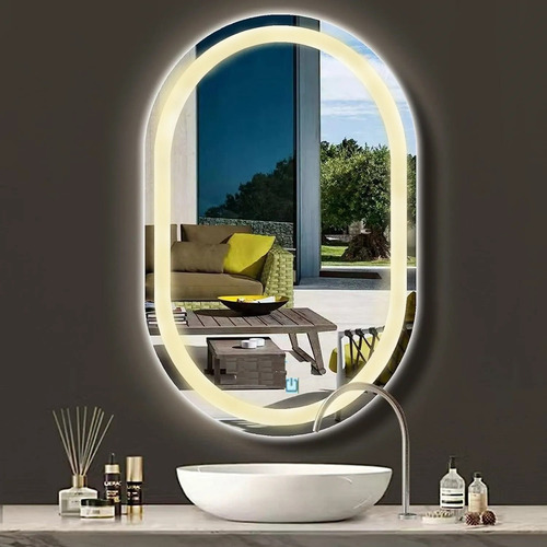 Espelho Jateado Oval Iluminado Com Led Touch Screen 100x50cm Moldura Branco Quente 3000k
