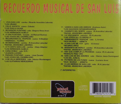 Música Cuyana Recuerdo Musical De San Luis Cd Nuevo Origina