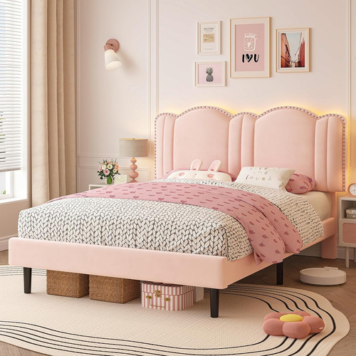 Bed Frame C/ Luces Led Enhomee Matrimonial Rosa