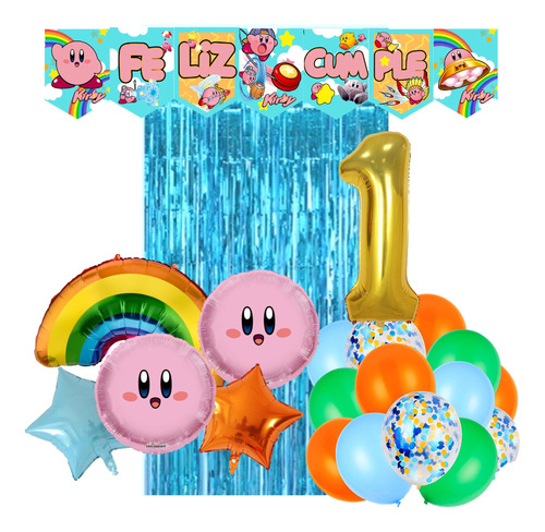 Pack Globos Decorativo Kirby Banderin Estrella Num Cortina